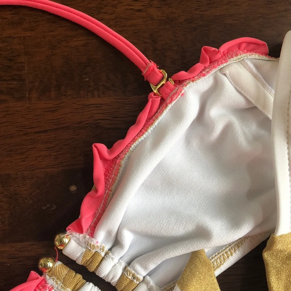 Xhilaration Women's Junior's Gold White Striped Bikini Swimsuit Set Pink Size M